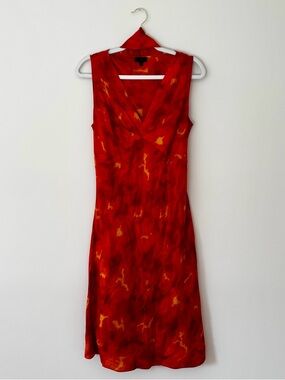 Vintage Talbots Watercolor Linen Silk Belted Midi Dress, Red Orange - 10 Petite
